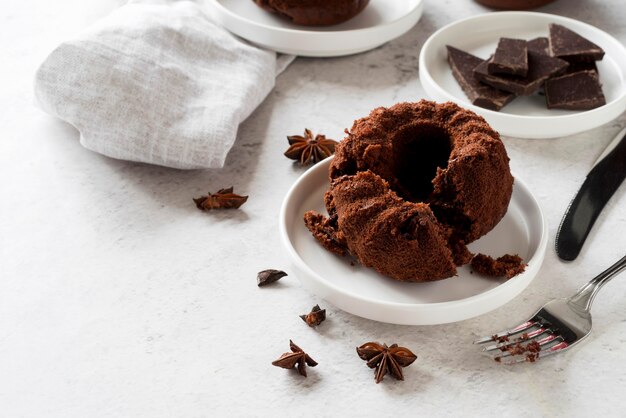 High angle chocolate cake with star anise