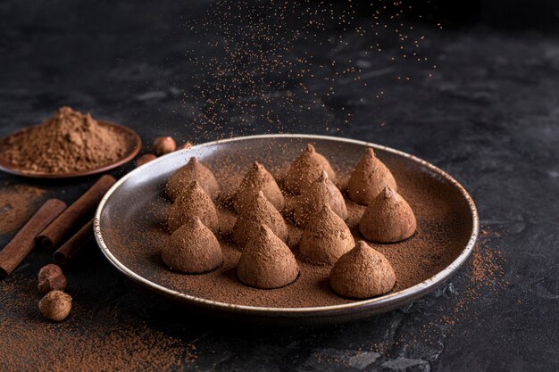 High angle of chocolate candy on plate with cocoa powder