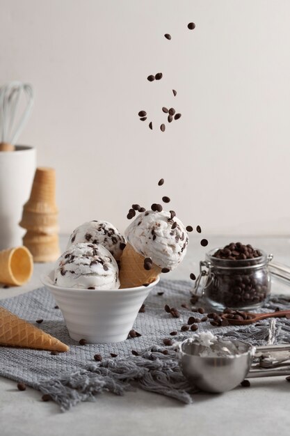 High angle chocolate chips ice cream