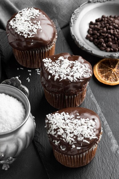 High angle of chocolate desserts coconut flakes