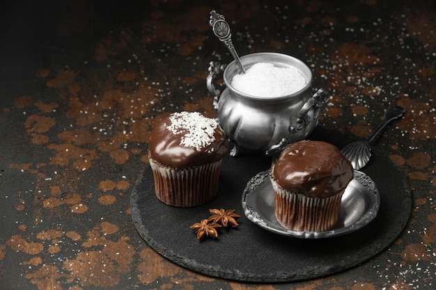 High angle of chocolate desserts on slate