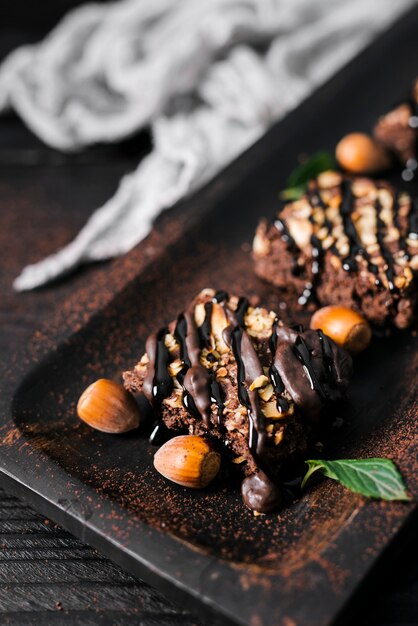 High angle chocolate nut brownies on tray