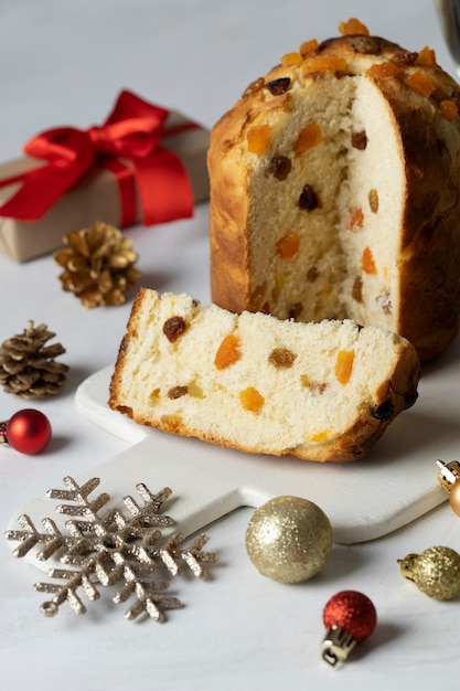 High angle christmas panettone and gift