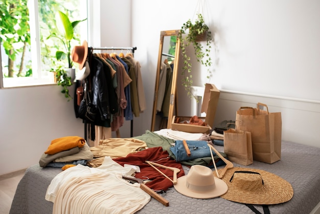 high angle clothes on bed fast fashion