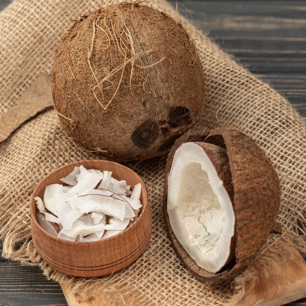 High angle of coconut on burlap