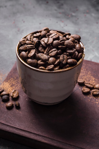 High angle coffee beans in cup