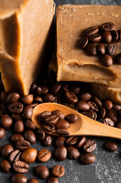 High angle coffee beans soap 