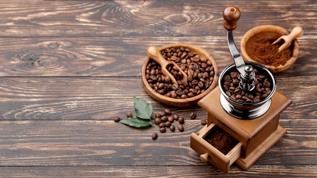 High angle of coffee concept on wooden table