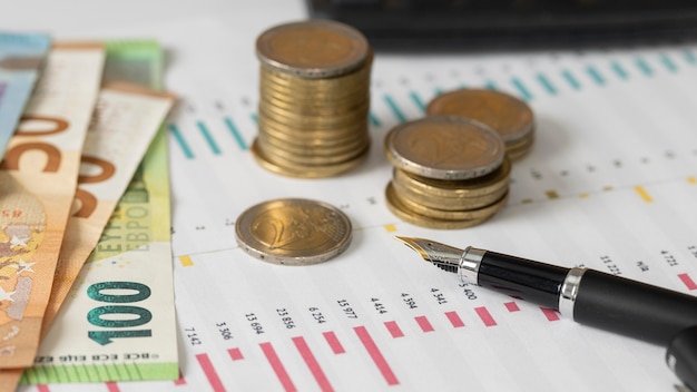 High angle coins and banknotes arrangement