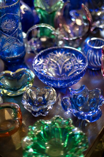 High angle colorful cups at the antique store