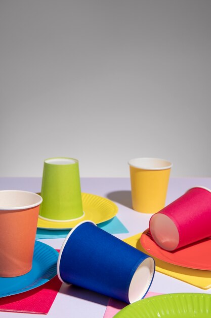 High angle colorful party cups assortment