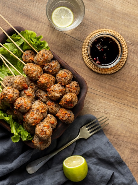 High angle composition of delicious indonesian bakso