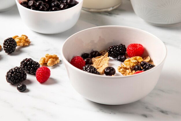 High angle composition of healthy bowl cereals close up