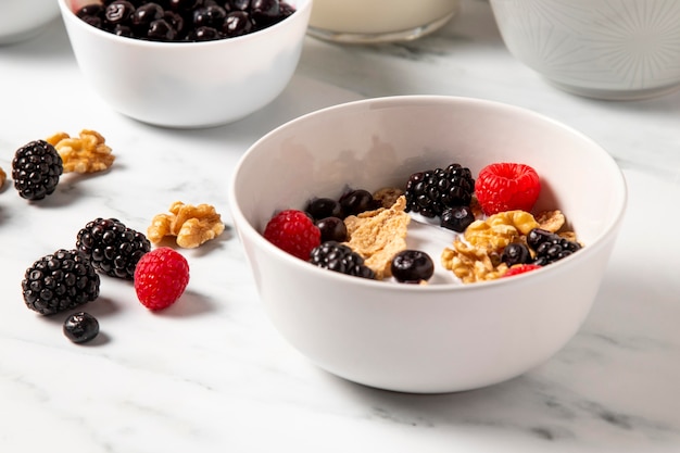 High angle composition of healthy bowl cereals close up