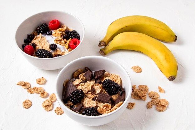 High angle composition of healthy bowl cereals with chocolate and bananas