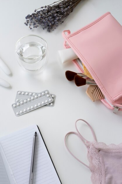 High angle contraceptive on table