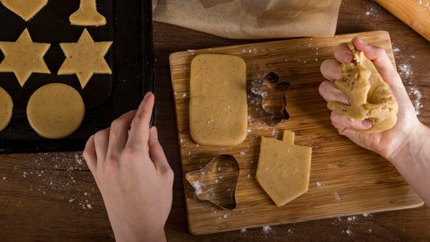 High angle of cookie making for Hanukkah