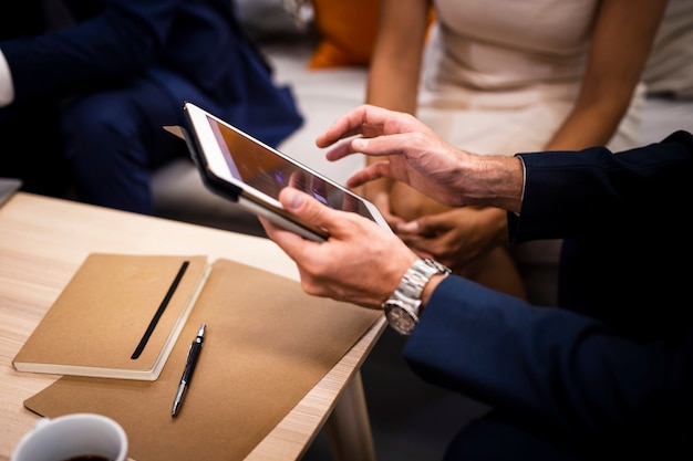 Free photo high angle corporate meeting mock-up