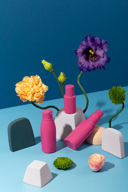 High angle cosmetics and flowers