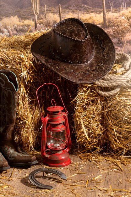 High angle cowboy hat and boots