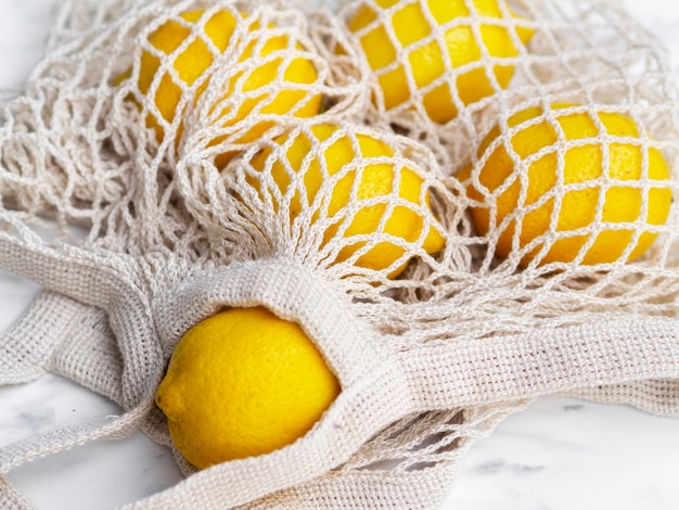 High angle crochet net bag with lemons