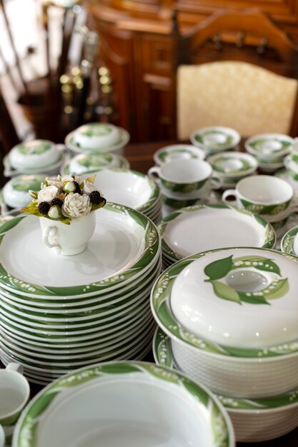 High angle crockery arrangement at the antique store