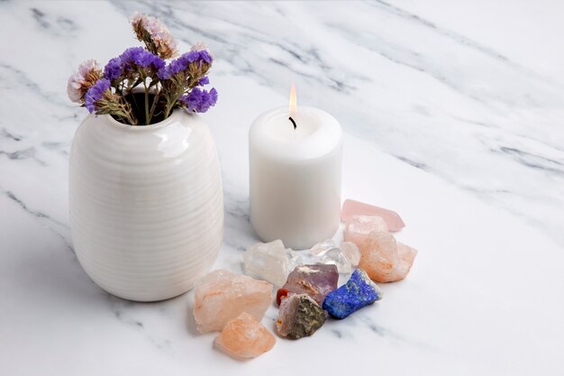 high angle crystals and candle arrangement