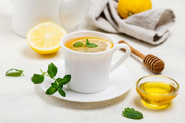 High angle cup with lemon tea