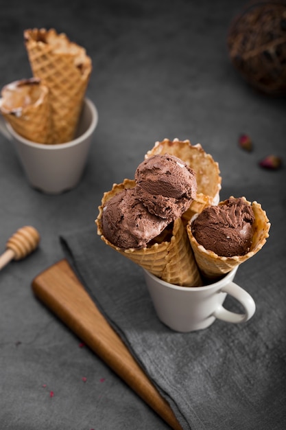 High angle cups with ice cream cones