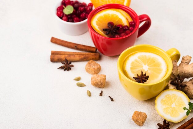 High angle cups with lemon and ginseng tea aroma