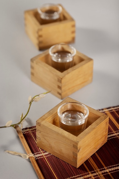 High angle cups with sake beverage