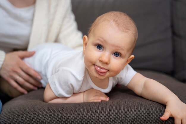 High angle cute baby on couch