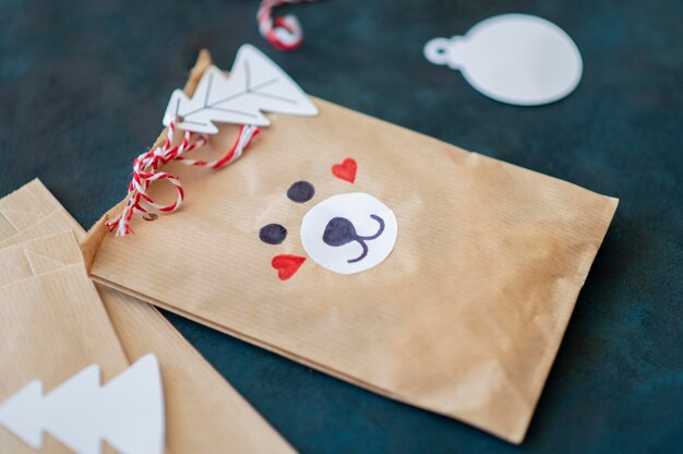 High angle of cute bear decorated christmas gift bag