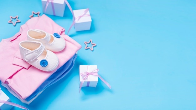 High angle of cute little baby accesories with copy space