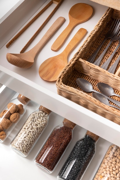High angle cutlery and beans assortment