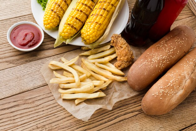 high angle of delicious american food