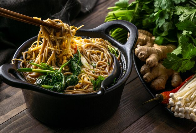 High angle delicious arrangement of noodles on a table