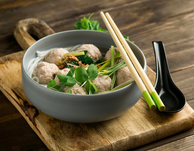 High angle delicious bakso bowl composition