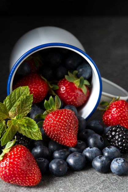 High angle delicious berries and mint