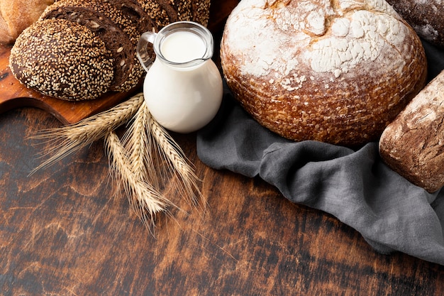 Free photo high angle of delicious bread with copy space