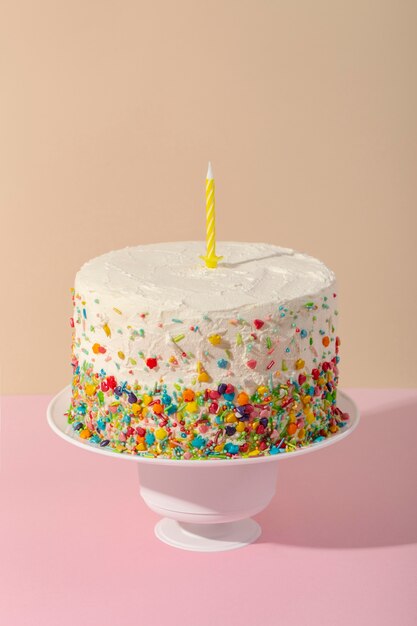 High angle delicious cake with candle