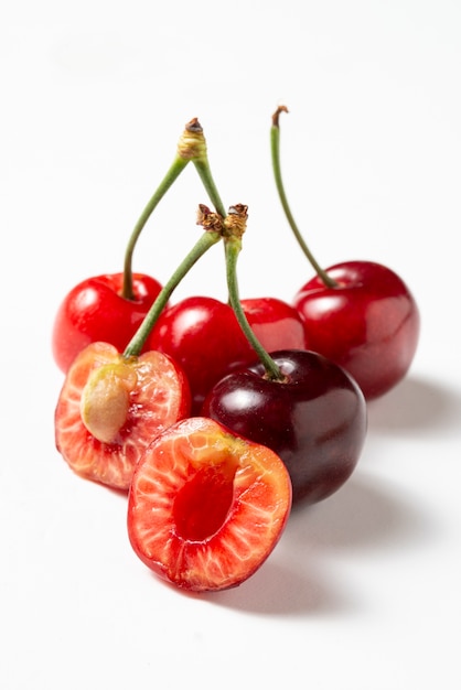 High angle delicious cherries on white background