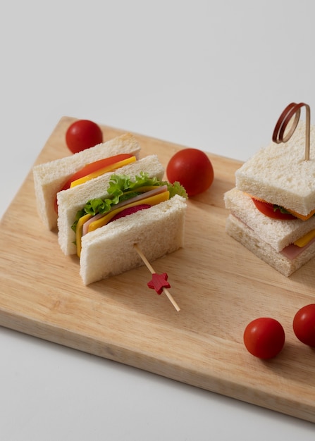 High angle delicious children's food on wooden board