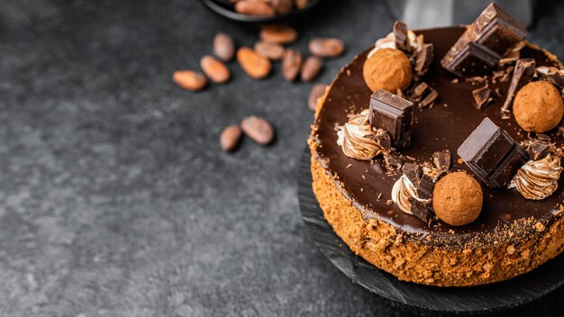 スタンドにおいしいチョコレートケーキの高角度