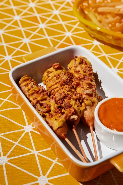 Foto gratuita deliziosi corn dog e salsa ad alto angolo