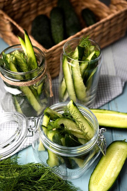 High angle delicious cucumbers in jars