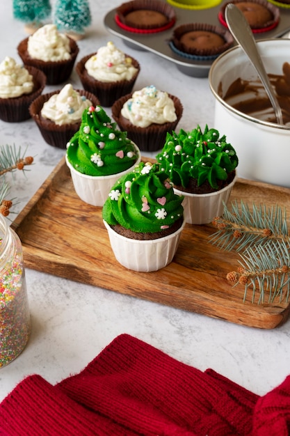 High angle delicious cupcakes arrangement