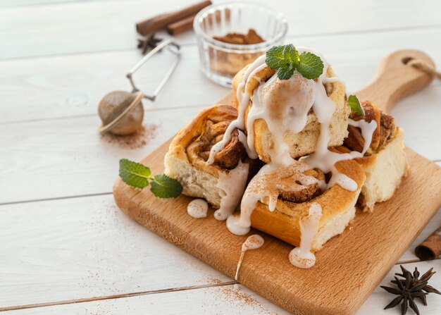 High angle delicious dessert on wooden board