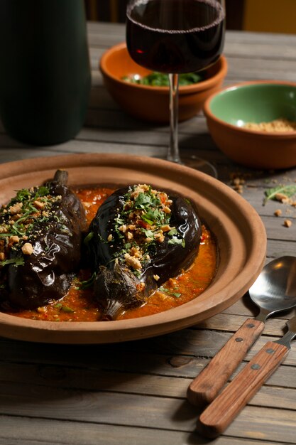 High angle delicious eggplants dish still life