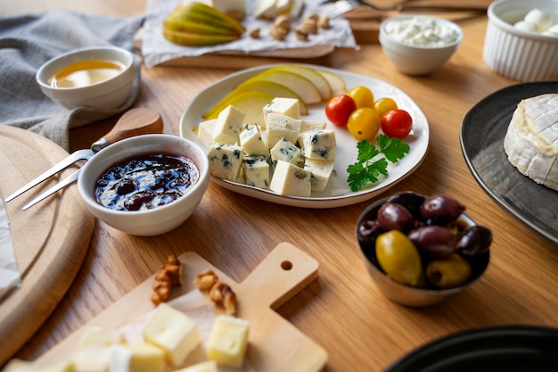 Free photo high angle delicious food arrangement on table